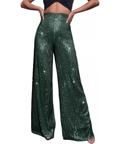 Women's Sparkle Sequin Wide Leg Pants Loose High Waisted Shiny Party Clubwear Bling Glitter Trousers Dark Green $26.67 Pants