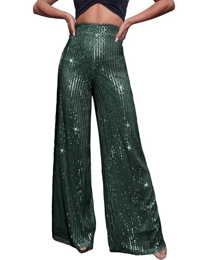 Women's Sparkle Sequin Wide Leg Pants Loose High Waisted Shiny Party Clubwear Bling Glitter Trousers Dark Green $26.67 Pants