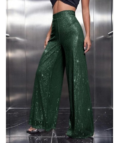 Women's Sparkle Sequin Wide Leg Pants Loose High Waisted Shiny Party Clubwear Bling Glitter Trousers Dark Green $26.67 Pants