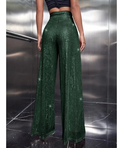 Women's Sparkle Sequin Wide Leg Pants Loose High Waisted Shiny Party Clubwear Bling Glitter Trousers Dark Green $26.67 Pants