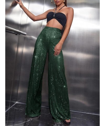 Women's Sparkle Sequin Wide Leg Pants Loose High Waisted Shiny Party Clubwear Bling Glitter Trousers Dark Green $26.67 Pants