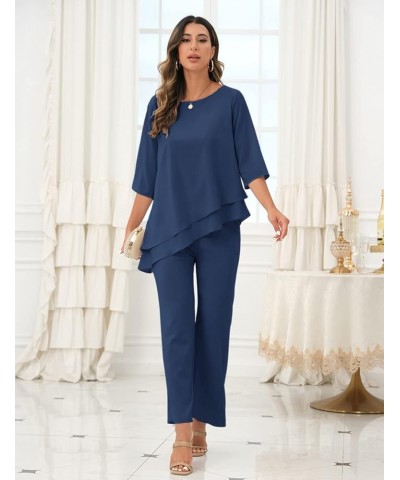 Women's Wedding Chiffon Pant Suit Elegant 2 Piece Set Mother of Bride Wear 1-navy $38.85 Suits