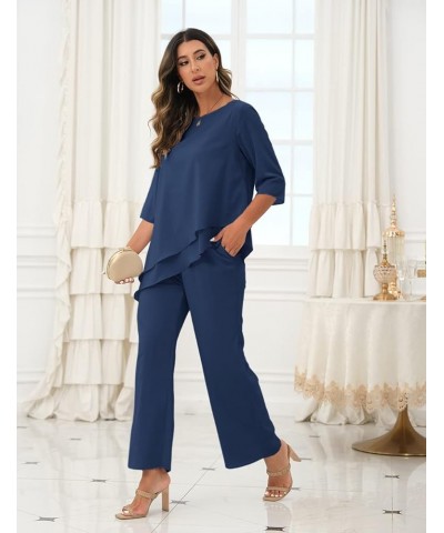 Women's Wedding Chiffon Pant Suit Elegant 2 Piece Set Mother of Bride Wear 1-navy $38.85 Suits