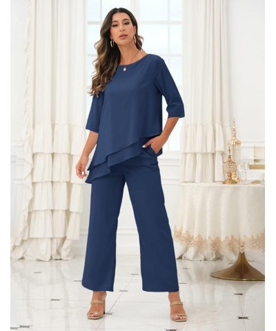 Women's Wedding Chiffon Pant Suit Elegant 2 Piece Set Mother of Bride Wear 1-navy $38.85 Suits