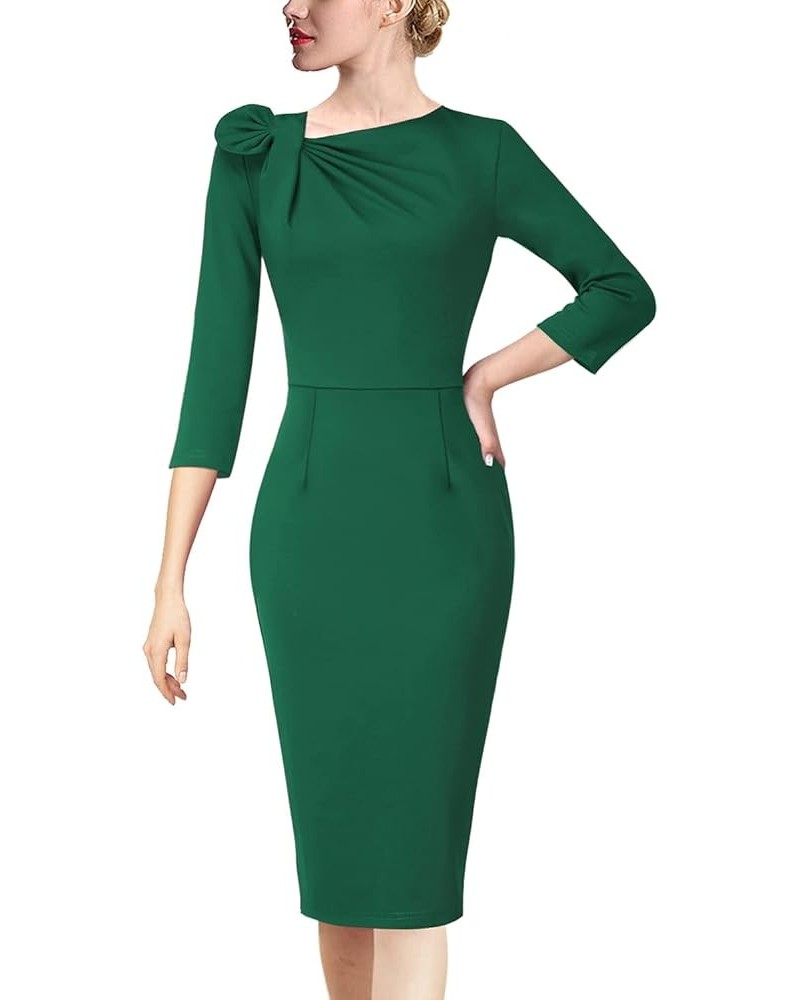 Womens Pleated Asymmetric Bow Neck Work Cocktail Party Sheath Dress Green 3/4 Sleeve $24.29 Dresses