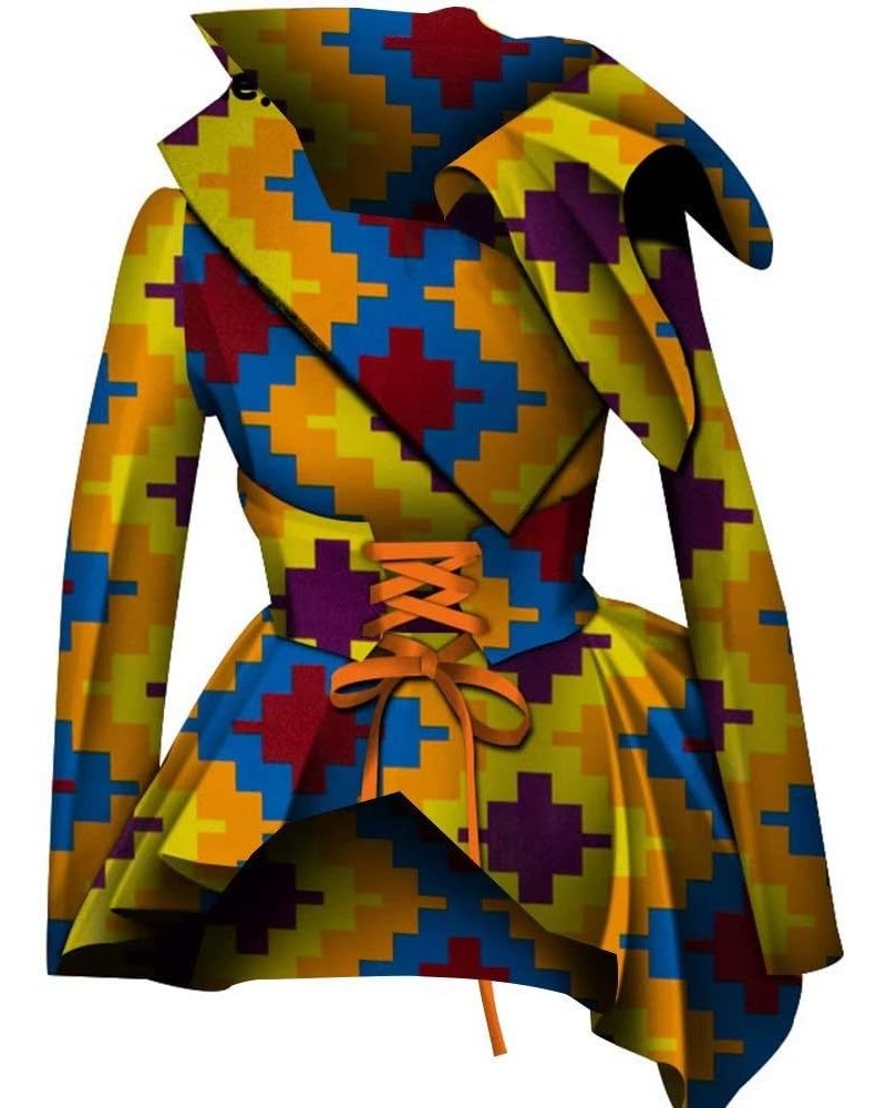 Women African Dashiki Long Sleeve Coat Wax Print Outwear Lacing Jacket Yellow $19.35 Jackets