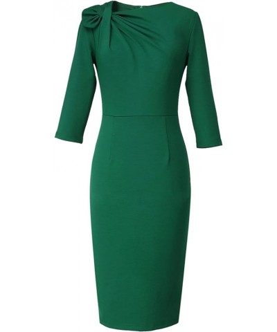 Womens Pleated Asymmetric Bow Neck Work Cocktail Party Sheath Dress Green 3/4 Sleeve $24.29 Dresses