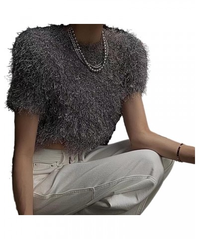 Short Sleeve Sweater for Women Spring/Summer 2023 Fashion Crewneck Short Sleeve Glitter Feather Sweater $10.25 Sweaters