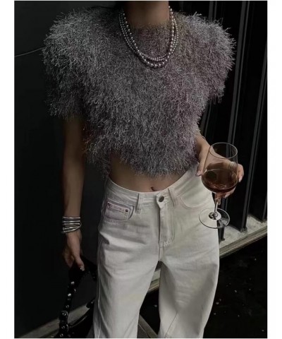 Short Sleeve Sweater for Women Spring/Summer 2023 Fashion Crewneck Short Sleeve Glitter Feather Sweater $10.25 Sweaters