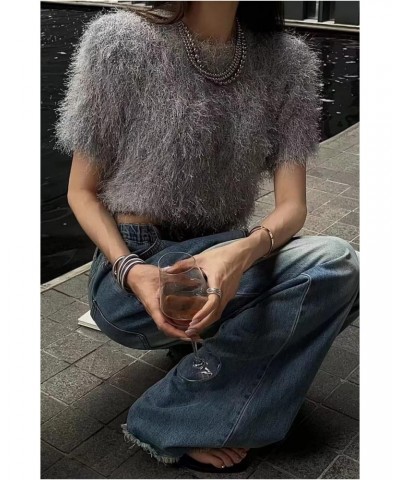 Short Sleeve Sweater for Women Spring/Summer 2023 Fashion Crewneck Short Sleeve Glitter Feather Sweater $10.25 Sweaters