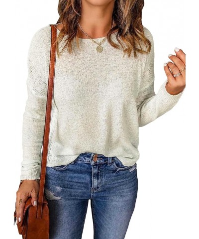 Women's Solid Drop Shoulder Pullover Sweater Long Sleeve Scoop Neck Ribbed Knit Casual Tops Beige $7.79 Sweaters