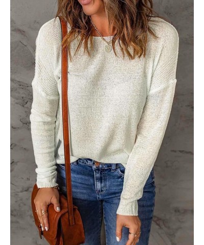 Women's Solid Drop Shoulder Pullover Sweater Long Sleeve Scoop Neck Ribbed Knit Casual Tops Beige $7.79 Sweaters