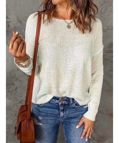 Women's Solid Drop Shoulder Pullover Sweater Long Sleeve Scoop Neck Ribbed Knit Casual Tops Beige $7.79 Sweaters