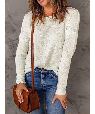 Women's Solid Drop Shoulder Pullover Sweater Long Sleeve Scoop Neck Ribbed Knit Casual Tops Beige $7.79 Sweaters