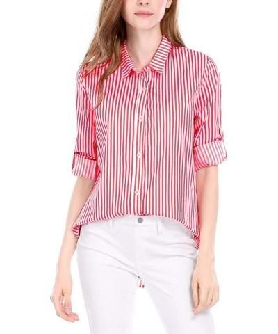 Women's Striped Button Down Spring Point Collar Roll-up Long Sleeve Shirt Red $15.04 Blouses