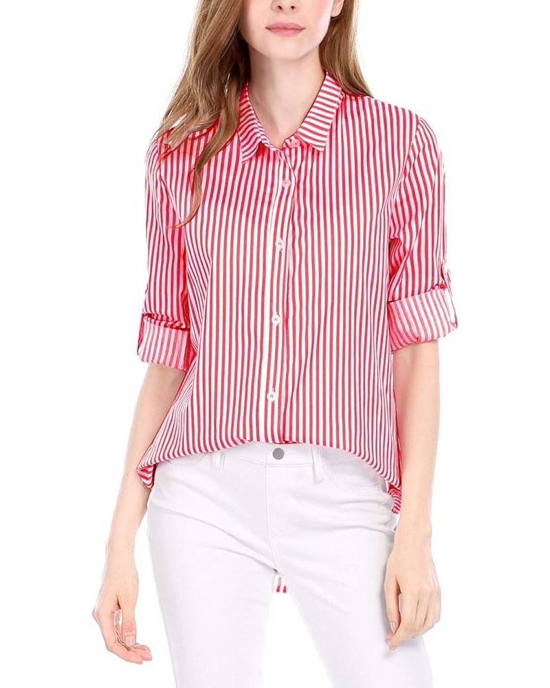 Women's Striped Button Down Spring Point Collar Roll-up Long Sleeve Shirt Red $15.04 Blouses