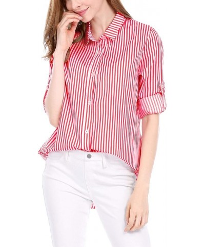 Women's Striped Button Down Spring Point Collar Roll-up Long Sleeve Shirt Red $15.04 Blouses