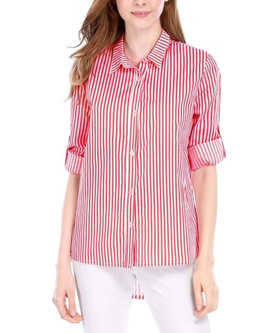 Women's Striped Button Down Spring Point Collar Roll-up Long Sleeve Shirt Red $15.04 Blouses