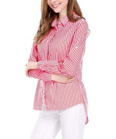 Women's Striped Button Down Spring Point Collar Roll-up Long Sleeve Shirt Red $15.04 Blouses