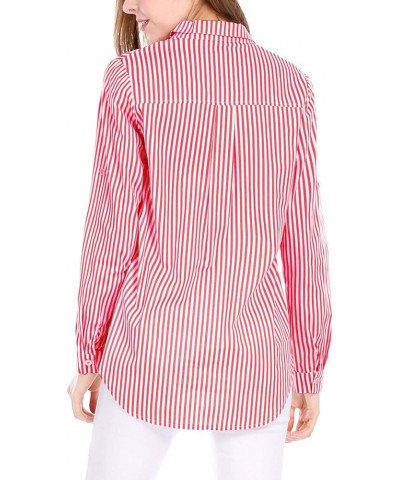 Women's Striped Button Down Spring Point Collar Roll-up Long Sleeve Shirt Red $15.04 Blouses