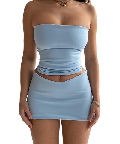 Women Summer 2 Piece Outfit Strapless Tube Tank Top and A- Line Mini Skirt Set Y2K Dress Suit A-blue $12.18 Suits