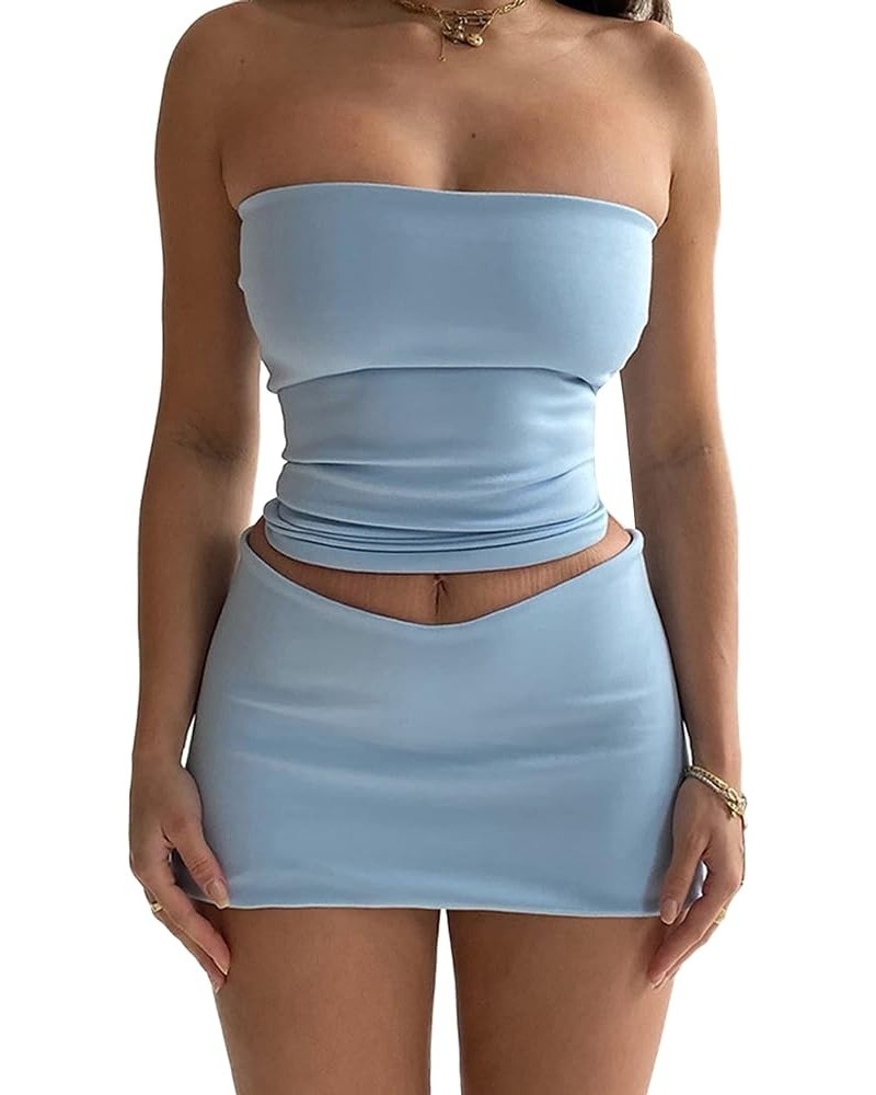 Women Summer 2 Piece Outfit Strapless Tube Tank Top and A- Line Mini Skirt Set Y2K Dress Suit A-blue $12.18 Suits