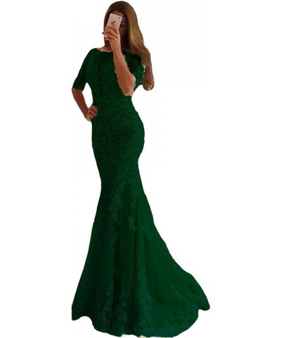 Women Mermaid Long Lace Half Sleeves Formal Prom Dresses Evening Gowns Emerald Green $52.50 Dresses