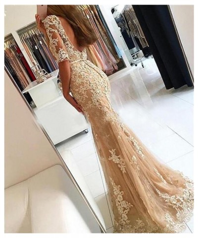 Women Mermaid Long Lace Half Sleeves Formal Prom Dresses Evening Gowns Emerald Green $52.50 Dresses