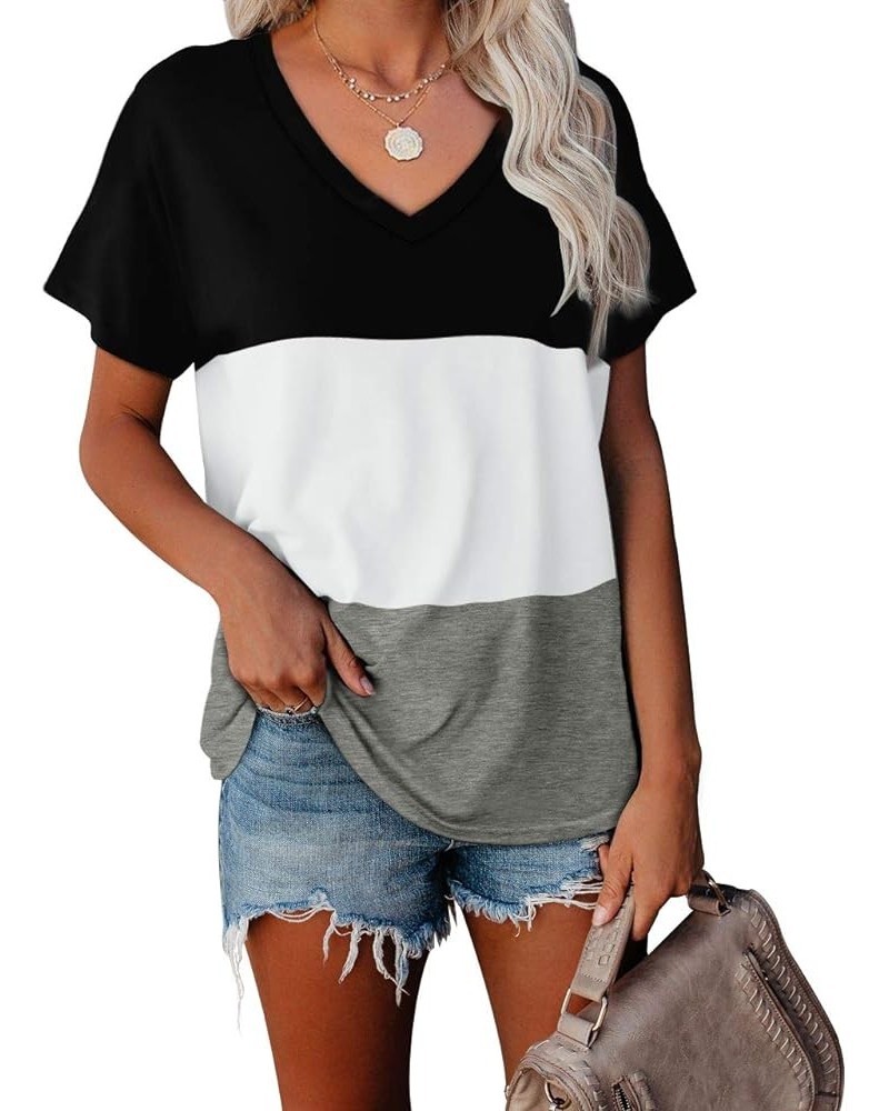 T Shirts for Women V Neck Summer Color Block Tops 04-blackwhite $14.50 T-Shirts