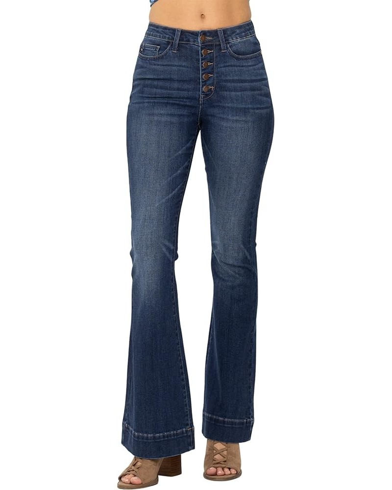 Women's High-Rise 5 Button Fly Wide Leg Trouser Flare Jeans 88491 Dark Blue $28.00 Jeans