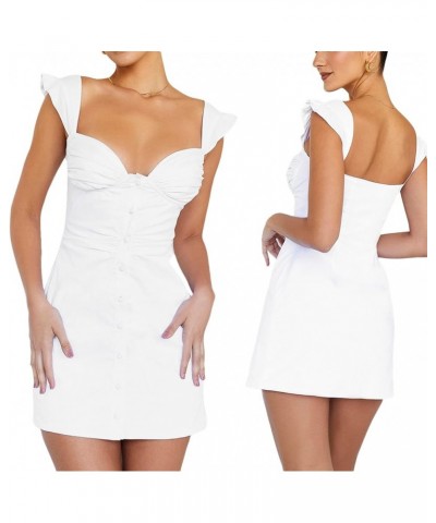 Women Sleeveless Square Neck Mini A-Line Dress Bodycon Backless Ruffles Lace Up Short Dress Streetwear White C $10.02 Dresses