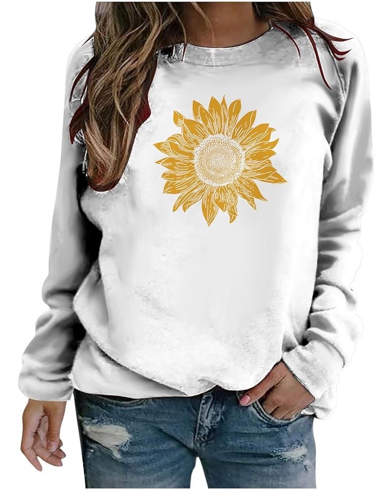 Women Graphic Crew Neck Sweatshirts Sunflower Print Pullover Tops Long Sleeve Blouses Shirts Teen Girls Cute Clothes J044-whi...