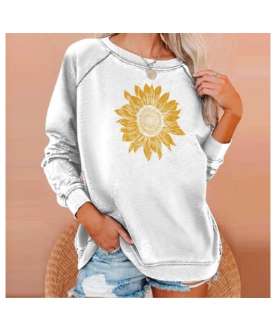 Women Graphic Crew Neck Sweatshirts Sunflower Print Pullover Tops Long Sleeve Blouses Shirts Teen Girls Cute Clothes J044-whi...