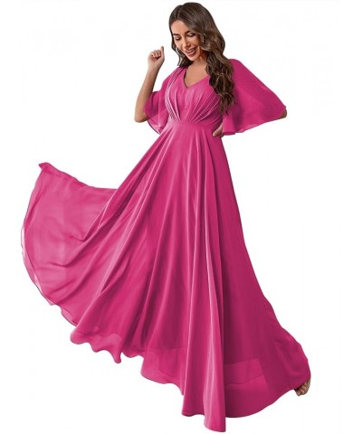 Women's Batwing Sleeve Chiffon Bridesmaid Dresses with Pockets V Neck Long Formal Evening Dress YZTS054 Fuchsia $30.55 Dresses