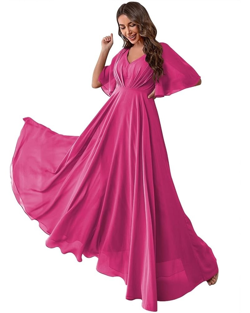 Women's Batwing Sleeve Chiffon Bridesmaid Dresses with Pockets V Neck Long Formal Evening Dress YZTS054 Fuchsia $30.55 Dresses