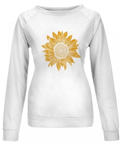 Women Graphic Crew Neck Sweatshirts Sunflower Print Pullover Tops Long Sleeve Blouses Shirts Teen Girls Cute Clothes J044-whi...