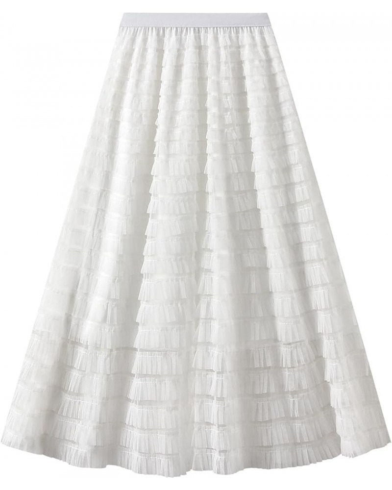 A Line Tiered Long Skirts for Women Tea Length Skirts Layered Midi Tulle Skirt Elastic High Waist Lace Mesh Skirt 14-white $1...