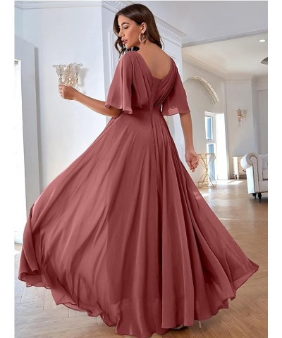 Women's Batwing Sleeve Chiffon Bridesmaid Dresses with Pockets V Neck Long Formal Evening Dress YZTS054 Fuchsia $30.55 Dresses