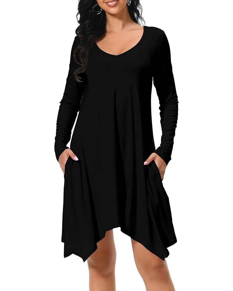 Women's Long Sleeve Pockets Casual Loose Swing T-Shirt Dresses Black $14.22 Dresses