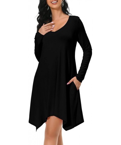 Women's Long Sleeve Pockets Casual Loose Swing T-Shirt Dresses Black $14.22 Dresses