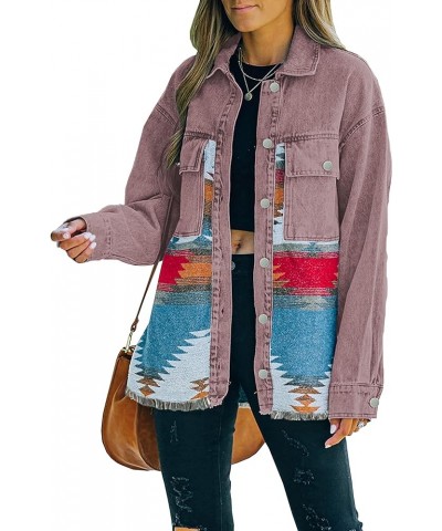 Women's Aztec Denim Jacket Distressed Lapel Long Sleeve Vintage Button Down Denim Jacket Shacket Vintage Claret $19.35 Jackets