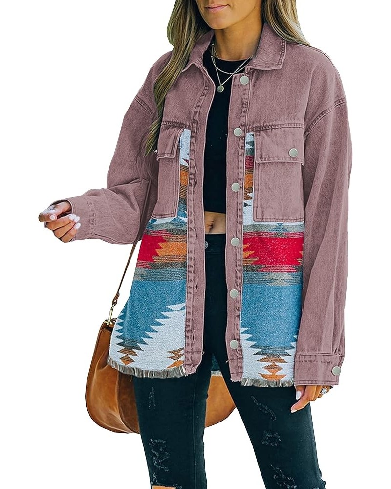 Women's Aztec Denim Jacket Distressed Lapel Long Sleeve Vintage Button Down Denim Jacket Shacket Vintage Claret $19.35 Jackets