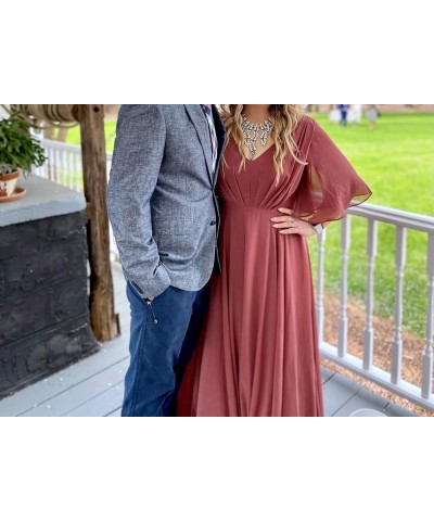 Women's Batwing Sleeve Chiffon Bridesmaid Dresses with Pockets V Neck Long Formal Evening Dress YZTS054 Fuchsia $30.55 Dresses