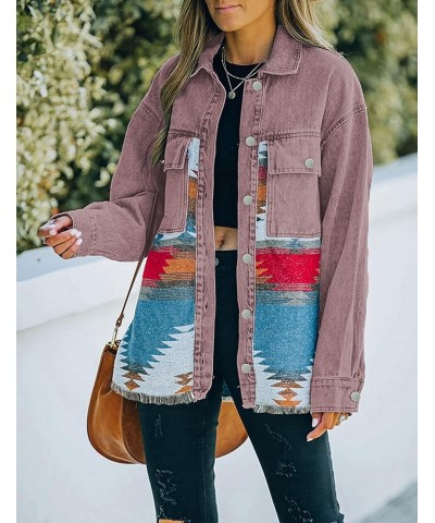 Women's Aztec Denim Jacket Distressed Lapel Long Sleeve Vintage Button Down Denim Jacket Shacket Vintage Claret $19.35 Jackets