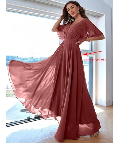 Women's Batwing Sleeve Chiffon Bridesmaid Dresses with Pockets V Neck Long Formal Evening Dress YZTS054 Fuchsia $30.55 Dresses