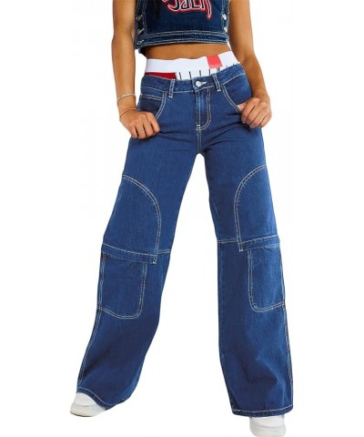 Women's High Waist Baggy Jeans Flap Pocket Relaxed Fit Straight Wide Leg Y2K Fashion Cargo Jeans L Blue $21.44 Jeans