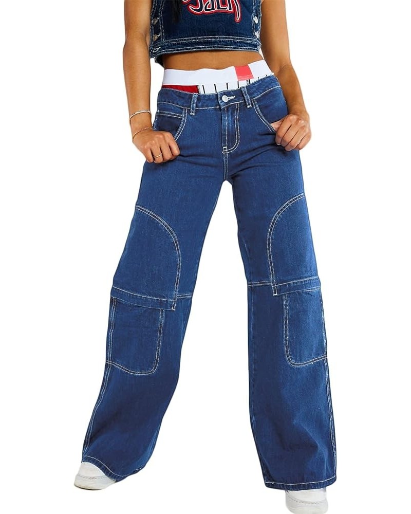 Women's High Waist Baggy Jeans Flap Pocket Relaxed Fit Straight Wide Leg Y2K Fashion Cargo Jeans L Blue $21.44 Jeans