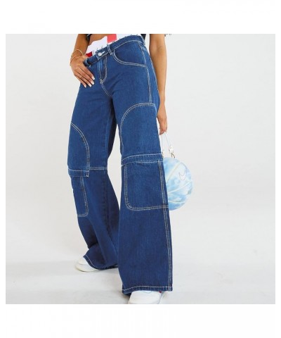 Women's High Waist Baggy Jeans Flap Pocket Relaxed Fit Straight Wide Leg Y2K Fashion Cargo Jeans L Blue $21.44 Jeans