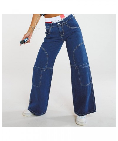 Women's High Waist Baggy Jeans Flap Pocket Relaxed Fit Straight Wide Leg Y2K Fashion Cargo Jeans L Blue $21.44 Jeans