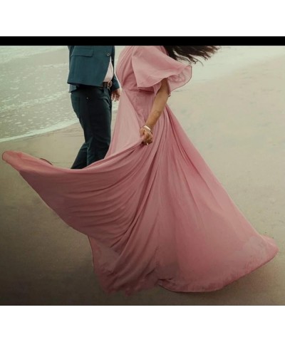 Women's Batwing Sleeve Chiffon Bridesmaid Dresses with Pockets V Neck Long Formal Evening Dress YZTS054 Fuchsia $30.55 Dresses